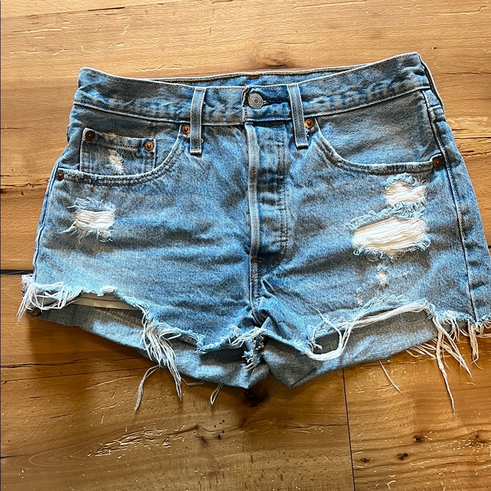 Levi's Blue High-Waisted Distressed Jean Shorts